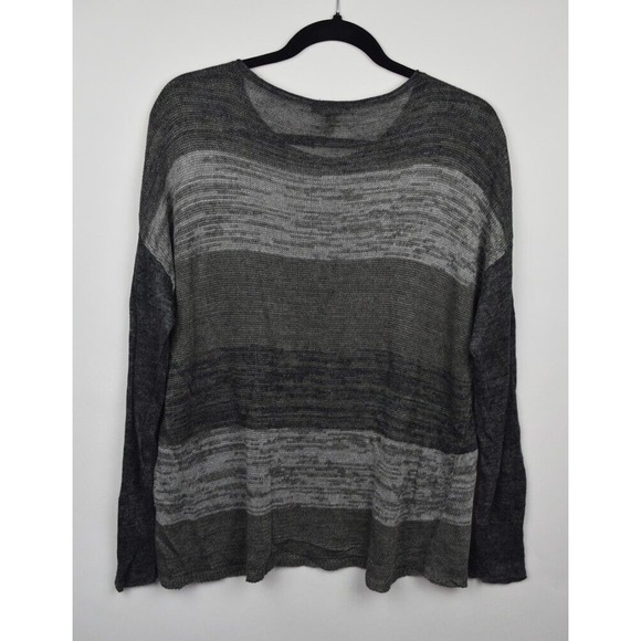 Eileen Fisher Womens Sweater Open Knit Linen Gray Striped Long Sleeve Sz Medium - Picture 12 of 16